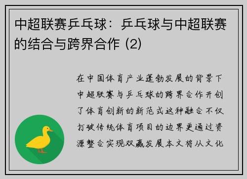 中超联赛乒乓球：乒乓球与中超联赛的结合与跨界合作 (2)