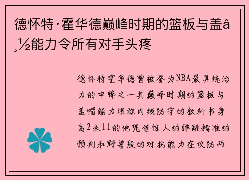 德怀特·霍华德巅峰时期的篮板与盖帽能力令所有对手头疼